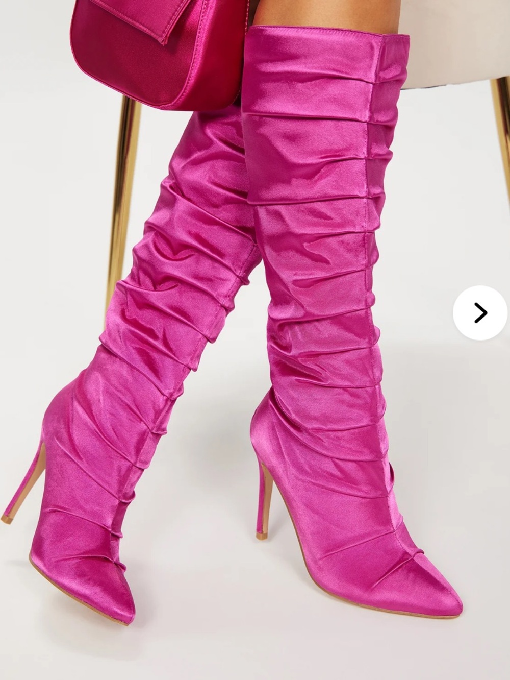 Mata Fuchsia Ruched Satin Knee-High Stiletto Boots NIB SIZE 6.5